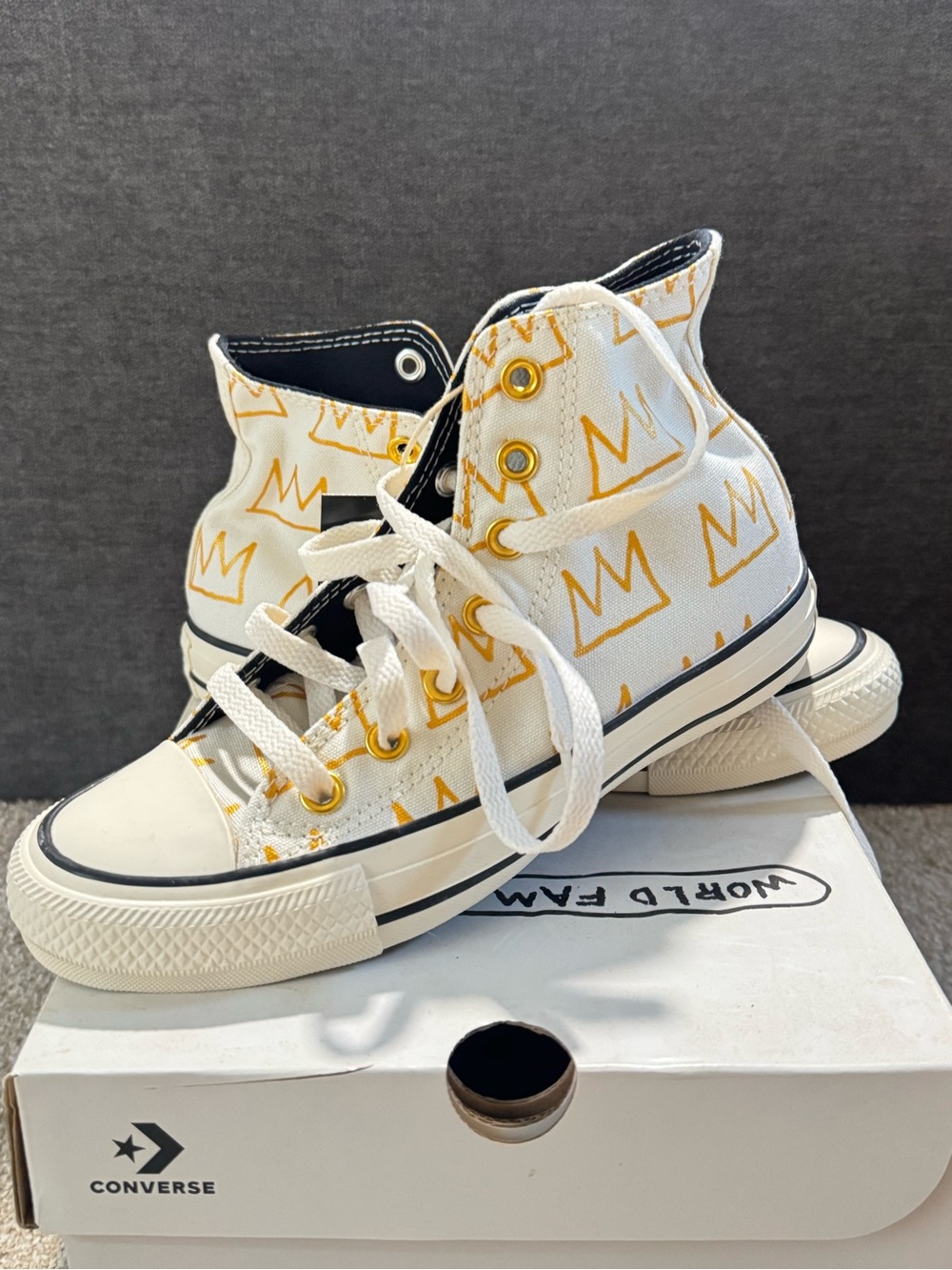 Converse Kids White High-Top Sneakers with Gold Crown Print
